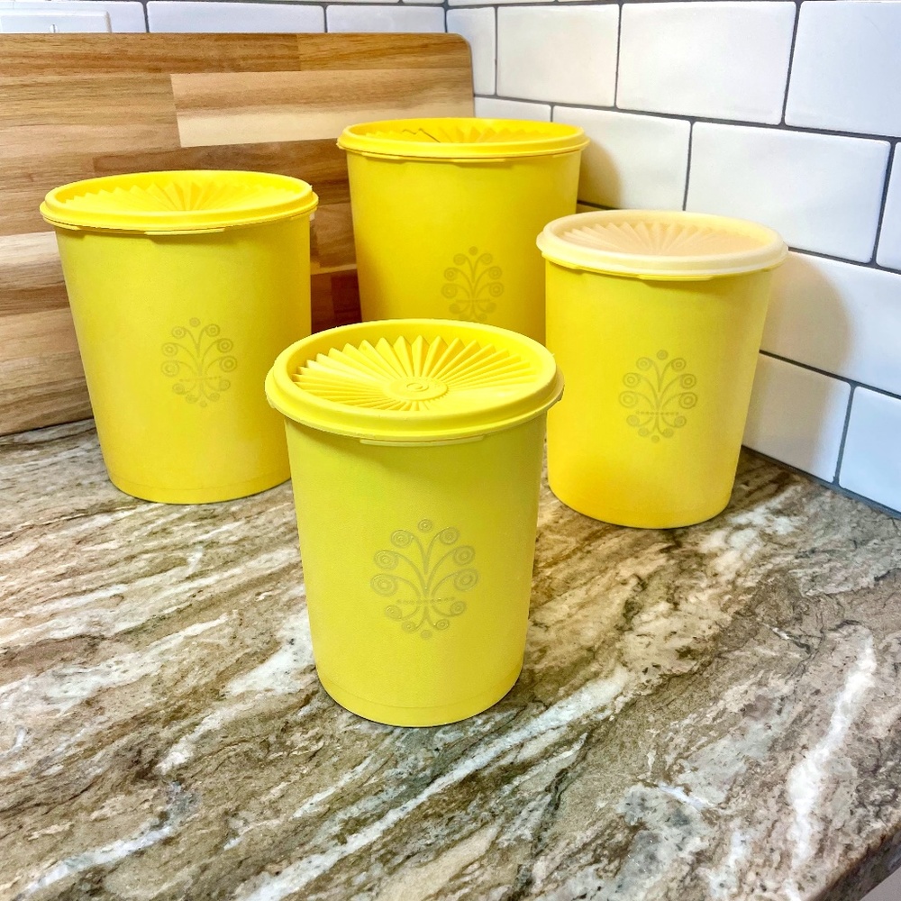 Tupperware Set of 4 Servalier Lemon Yellow Canister Set with Lids - Vintage